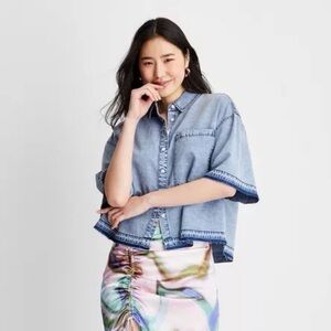 NWOT Future Collective Cropped Denim Button-Up Shirt